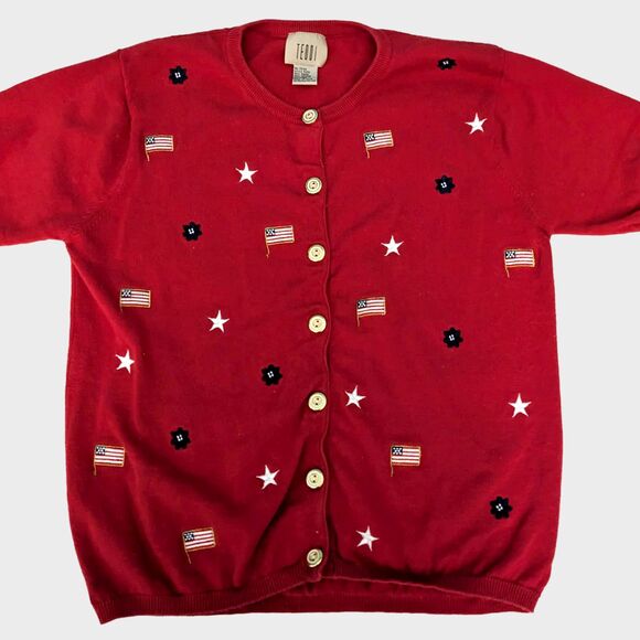 Vintage Teddi Cardigan Sweater Womens S Patriotic Grandmacore American Flag Star - Picture 2 of 8